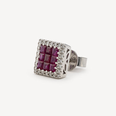 Square Ruby and Diamond Earring in White Gold