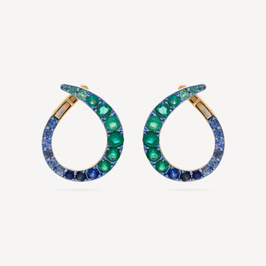 Boucles d'Oreille Grand Radiant Or Jaune Emeraudes Saphirs