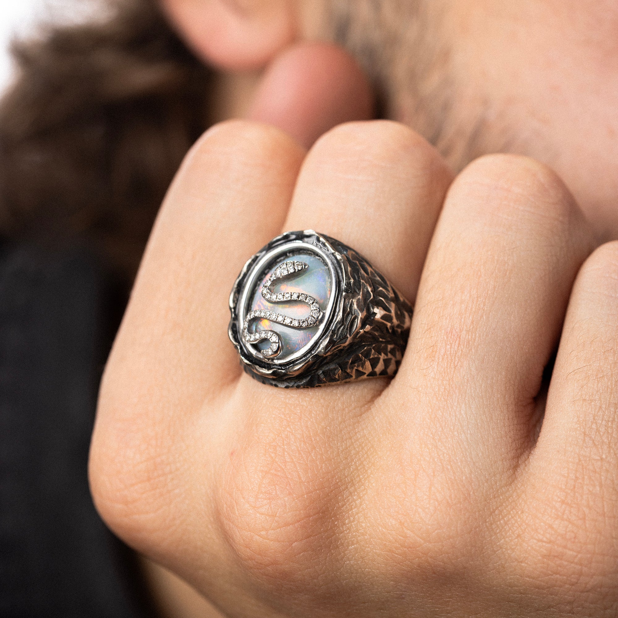 Opal and Diamond Snake Ring