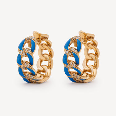 Boucles d'Oreille Groumette Email Bleu Diamants Or Rose