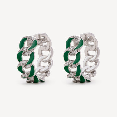 Boucles d'Oreille Groumette Email Vert Diamants Or Blanc