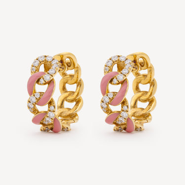 Boucles d'Oreille Groumette Email Rose Diamants Or Jaune