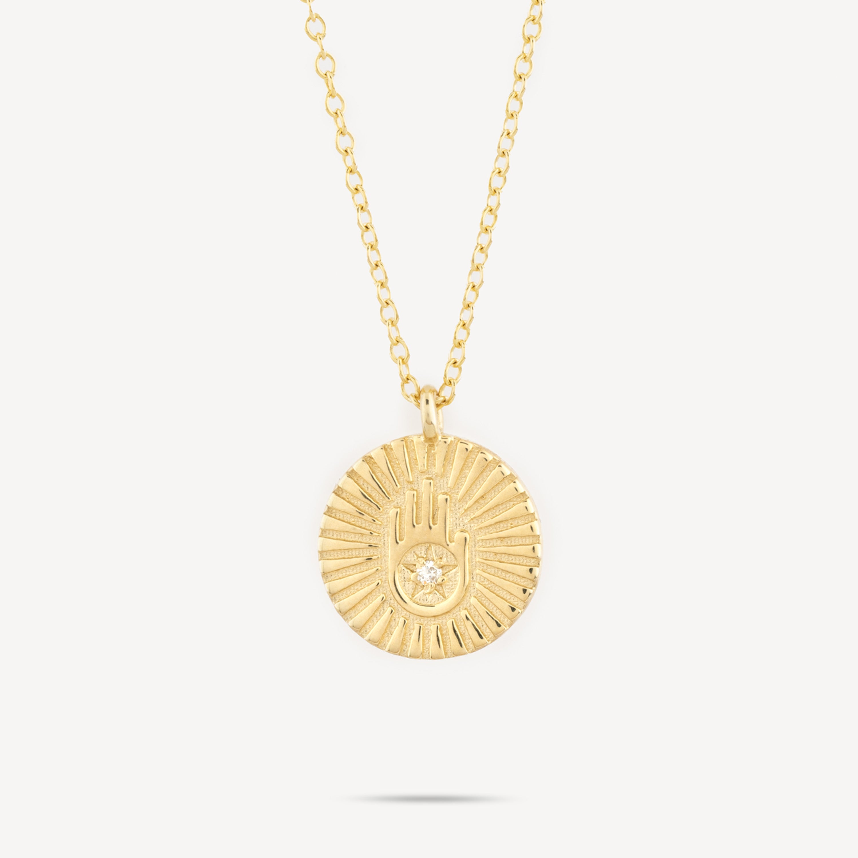 Gold Hamsa Medal Necklace with Diamonds