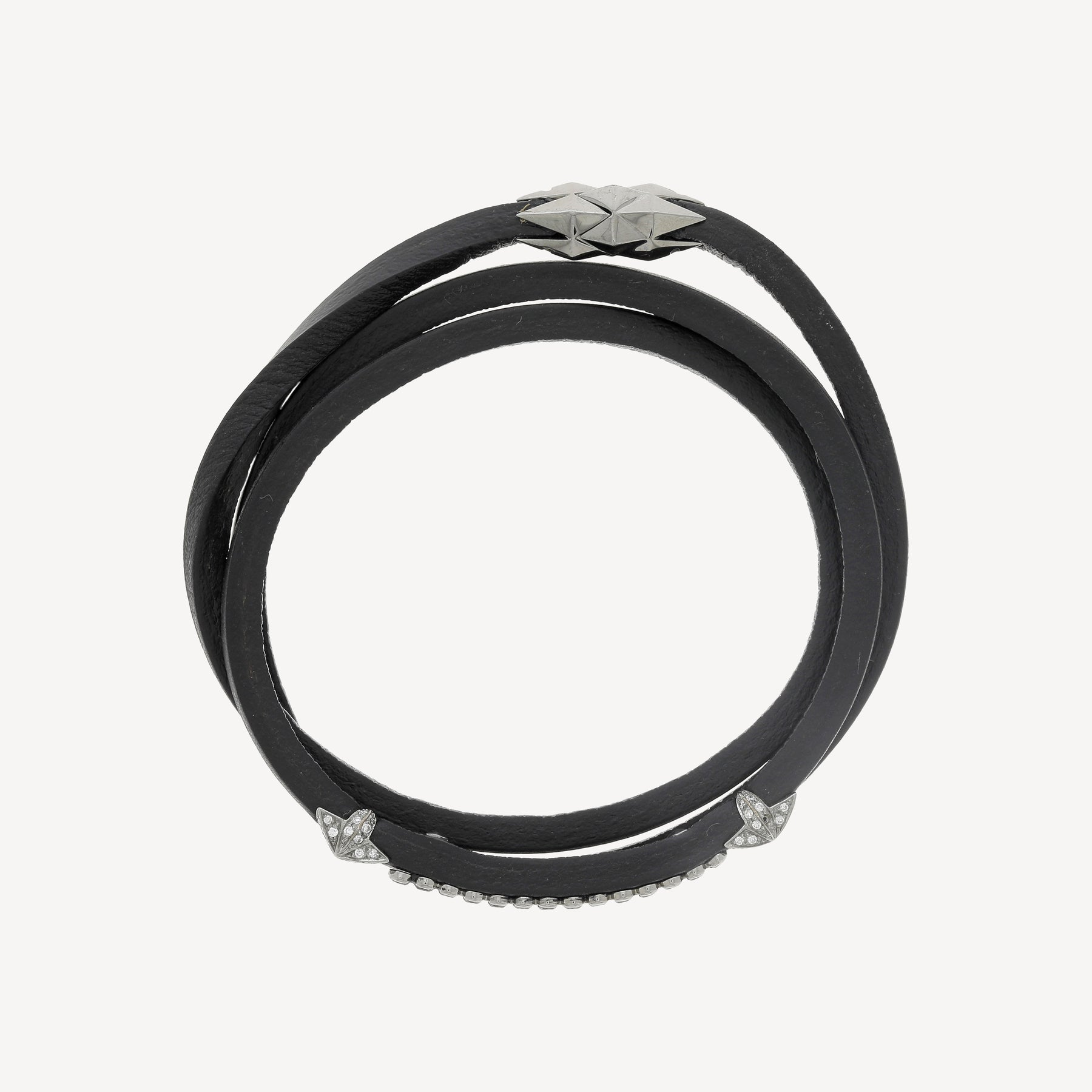 Bracelet Or Blanc 2 Stars Cuir Noir