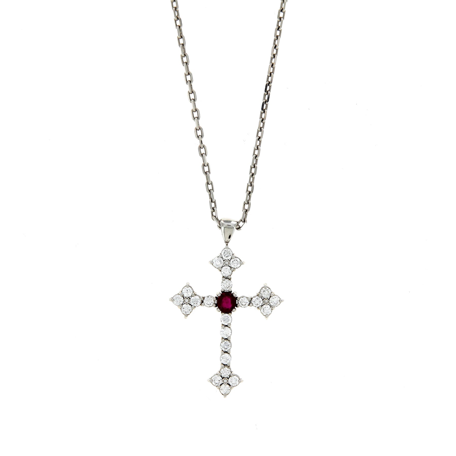 Collier Cross Or Blanc et Rubis