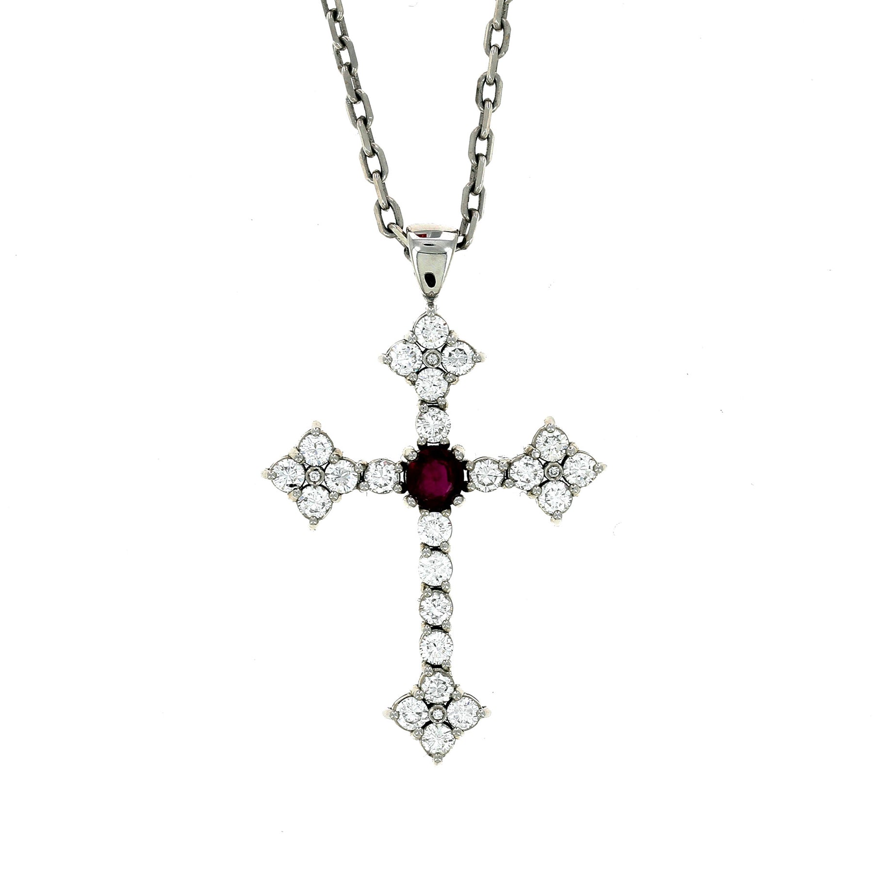 Collier Cross Or Blanc et Rubis