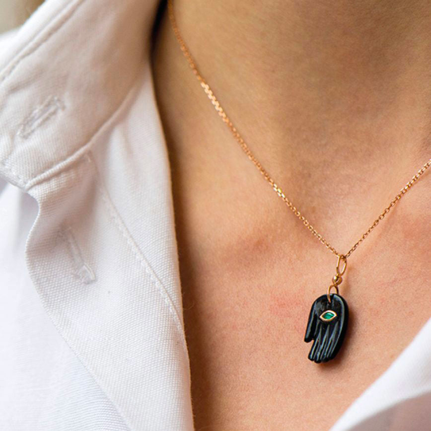 Collier Main Oeil de Tigre Gris et Oeil Marquise Emeraude