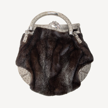 Gucci Mink Fur Ostrich Large Indy Hobo Bag