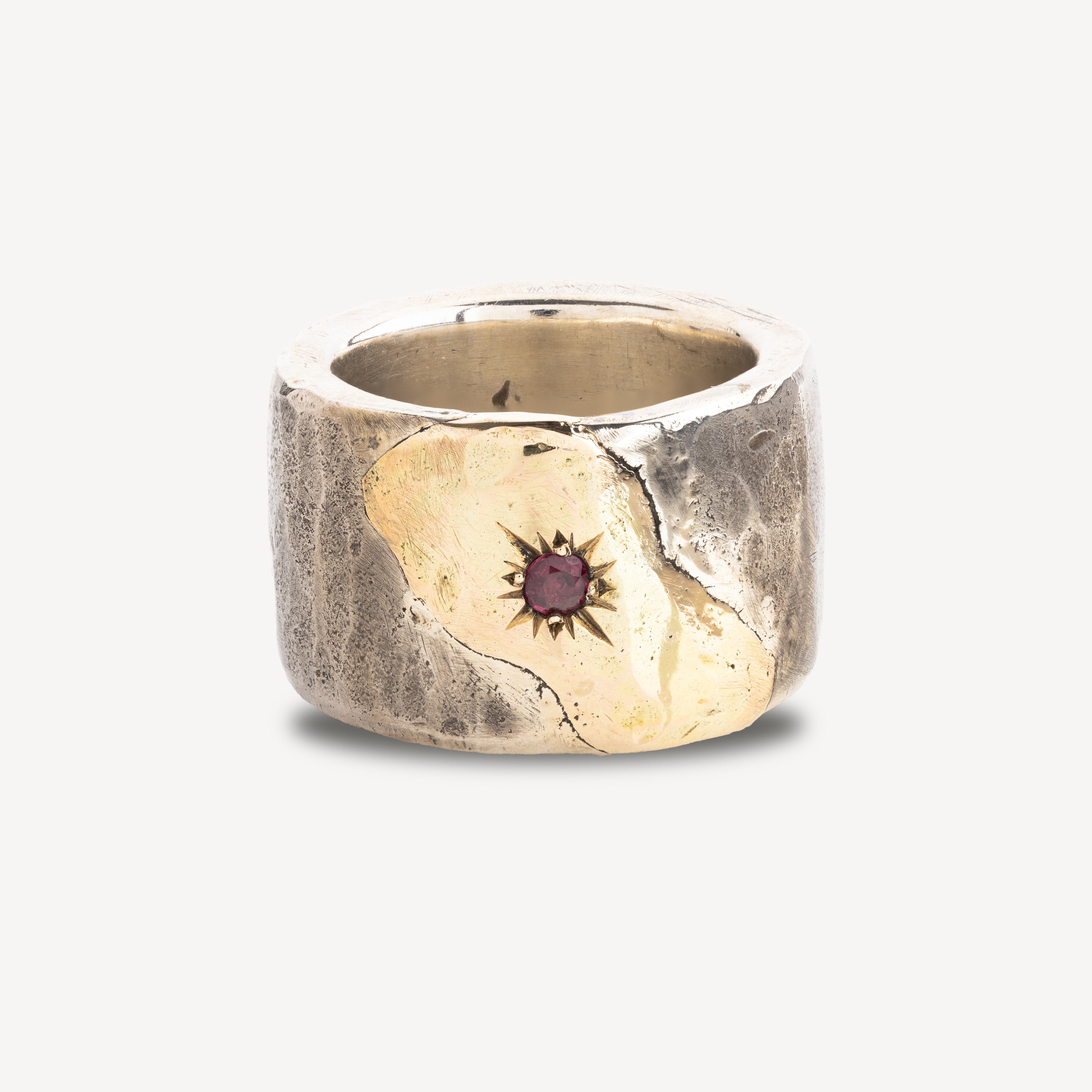 Hammered Ring 15mm Gold and Ruby