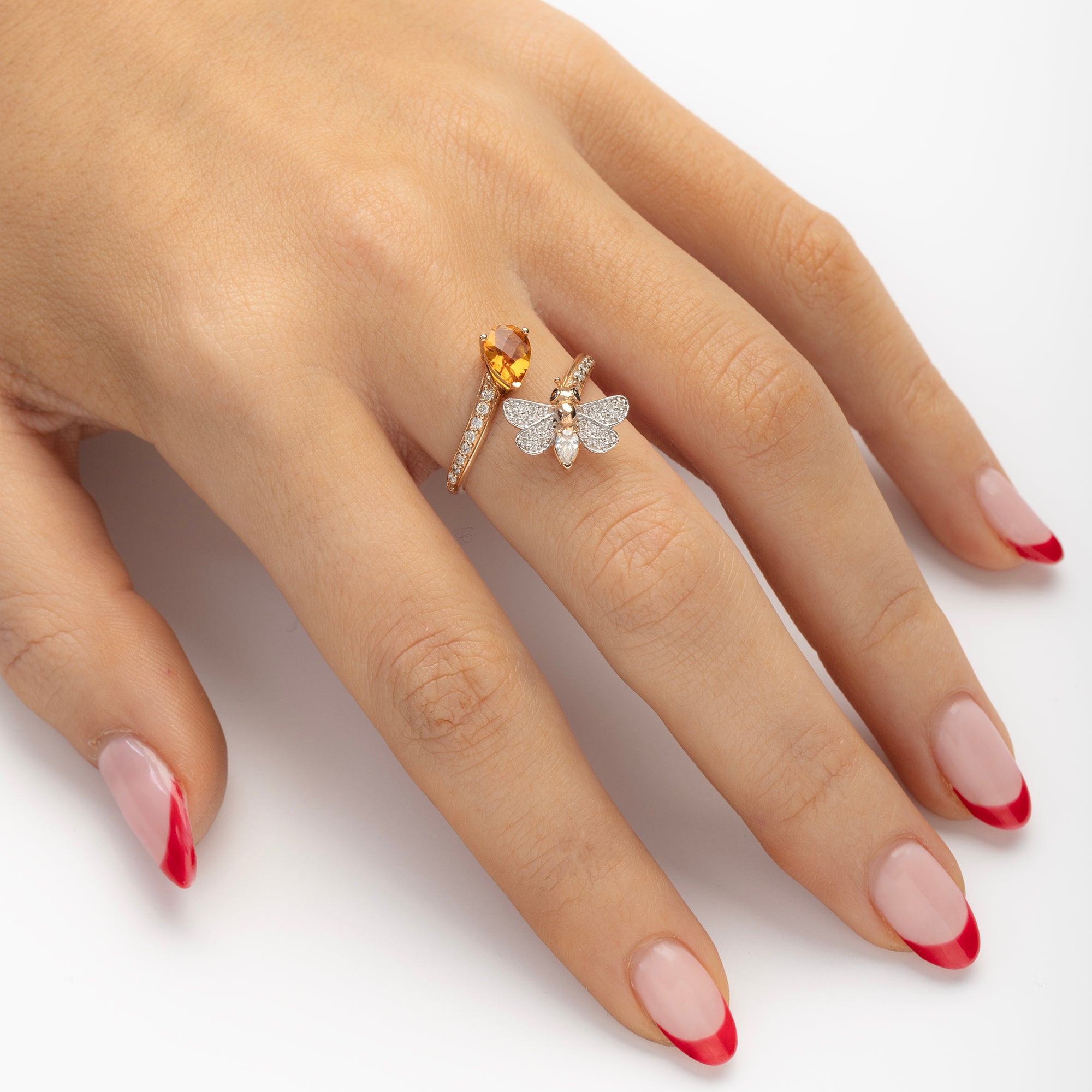 Ring aus Roségold mit Honigbienentropfen und Citrin-Diamant