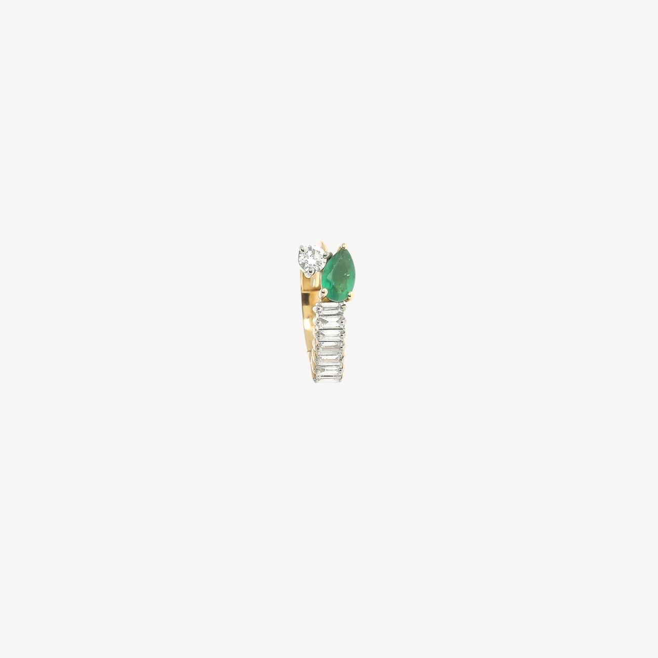 Pear Emerald and Baguette White Diamond Hoop