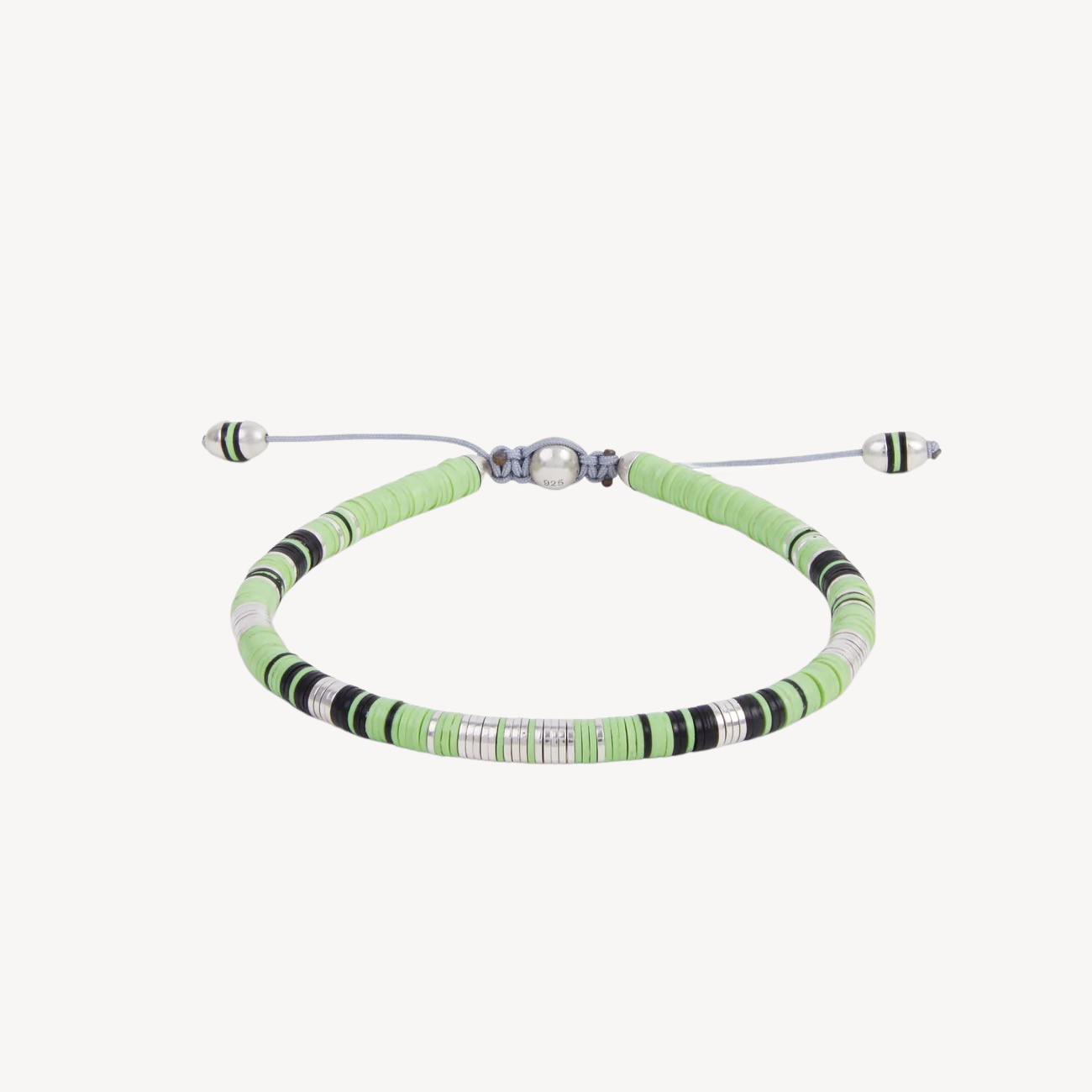 Rizon Perlen mit lindgrünem Muster und silbernen Scheiben