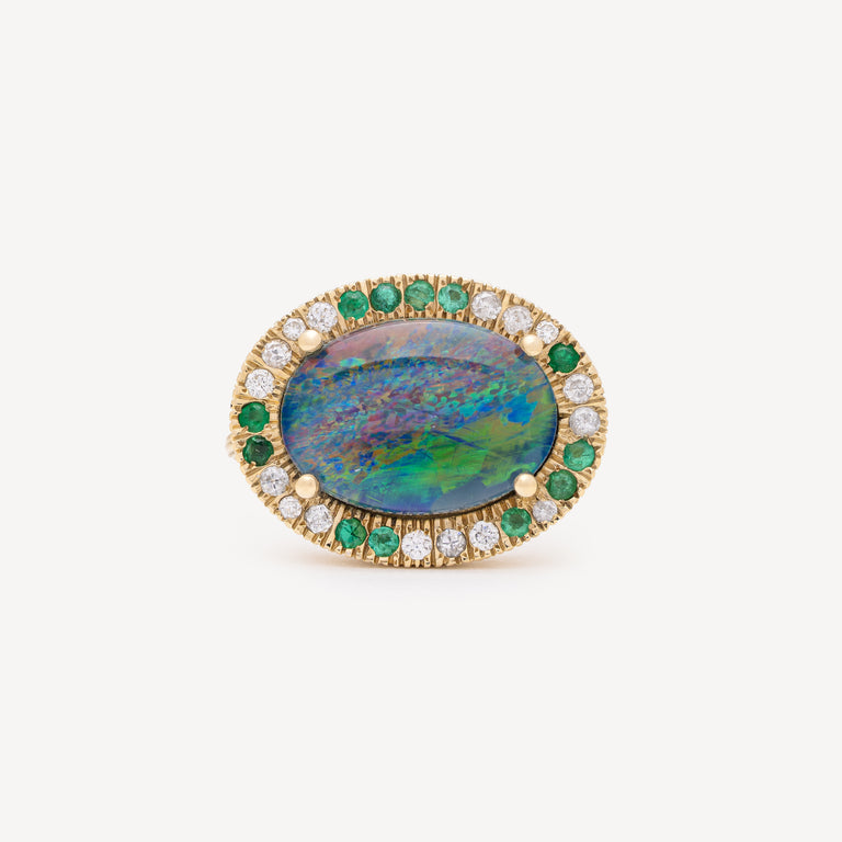 Australian Opal Diamond Emerald Ring