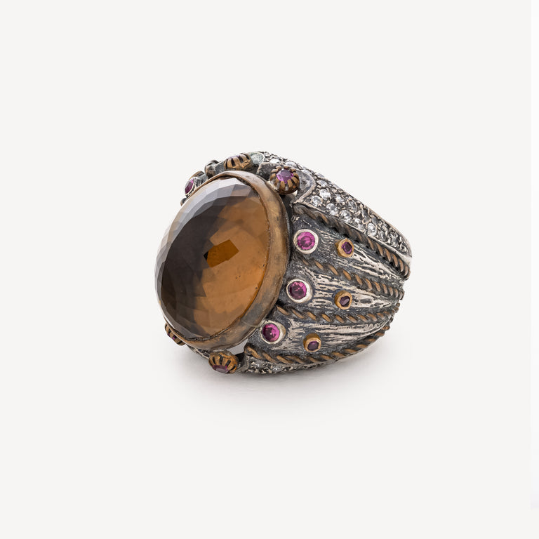 Ring aus Honigquarz und Rubellit