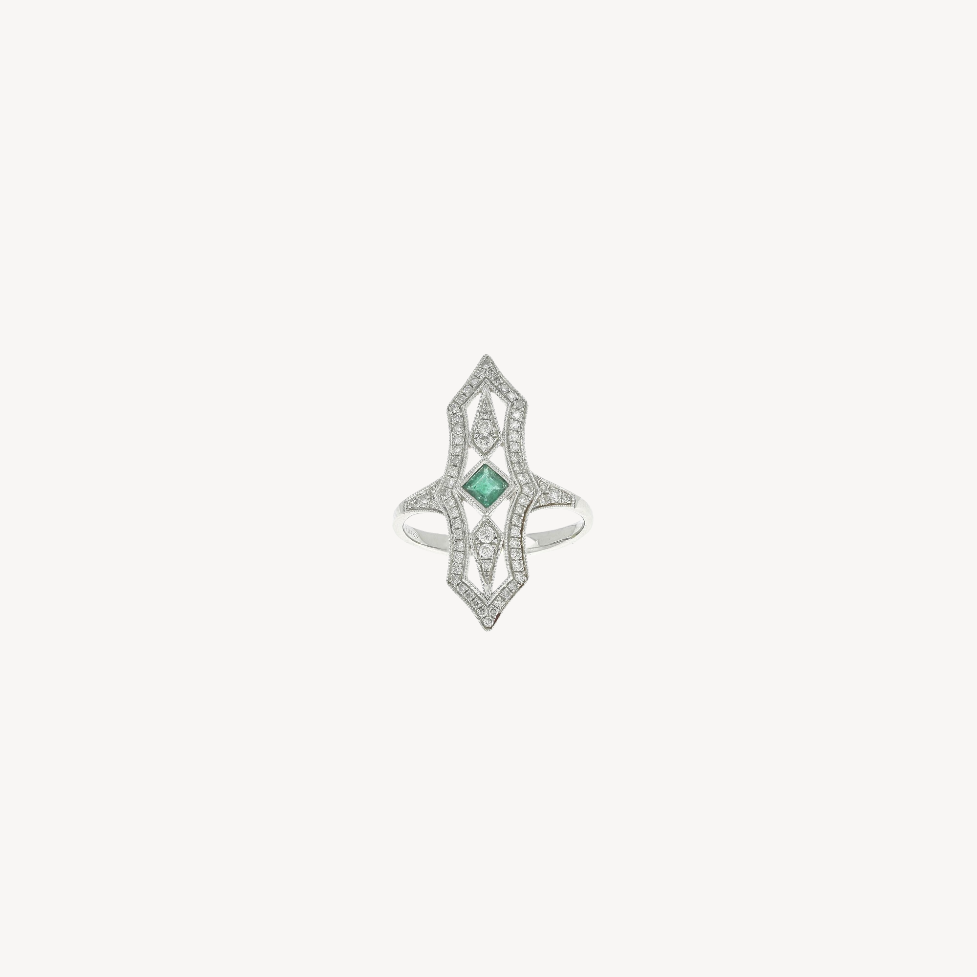 Quadratischer Art-Déco-Ring mit Smaragd und Diamant