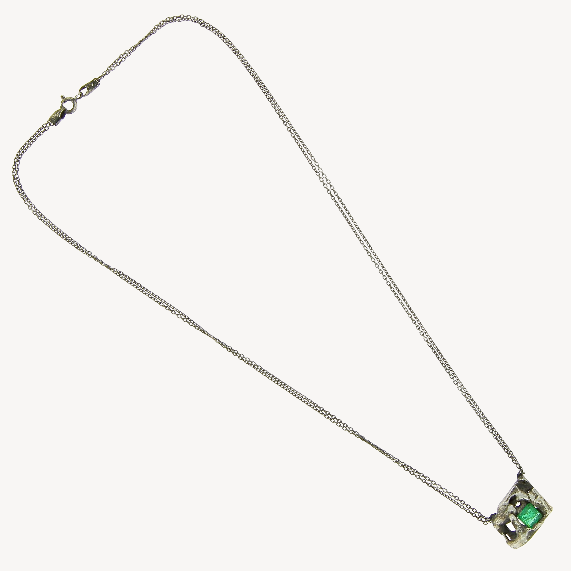 Molten Silver Double Chain 1 Emerald Pendant Necklace