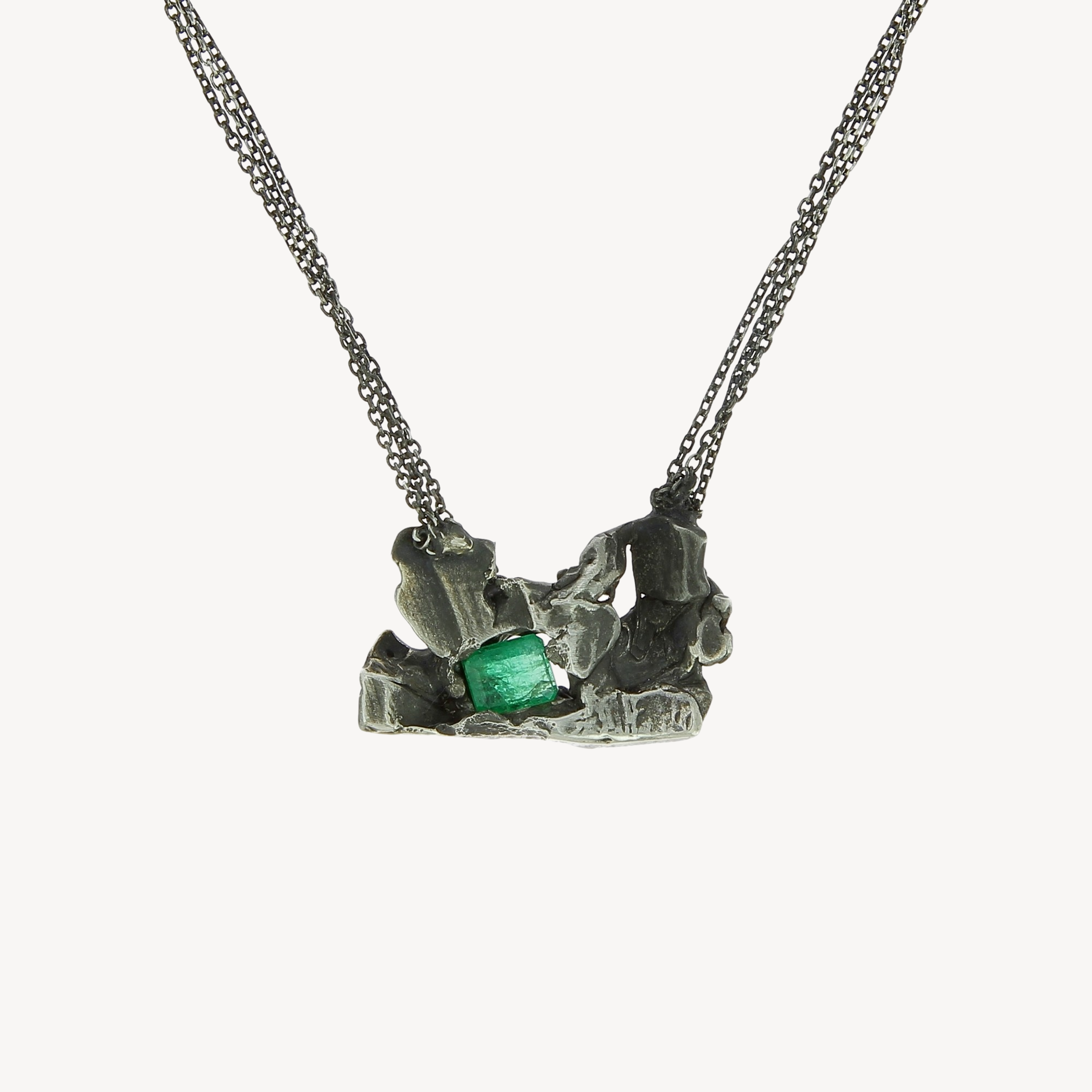 Triple Chain Molten Silver 1 Emerald Pendant Necklace 