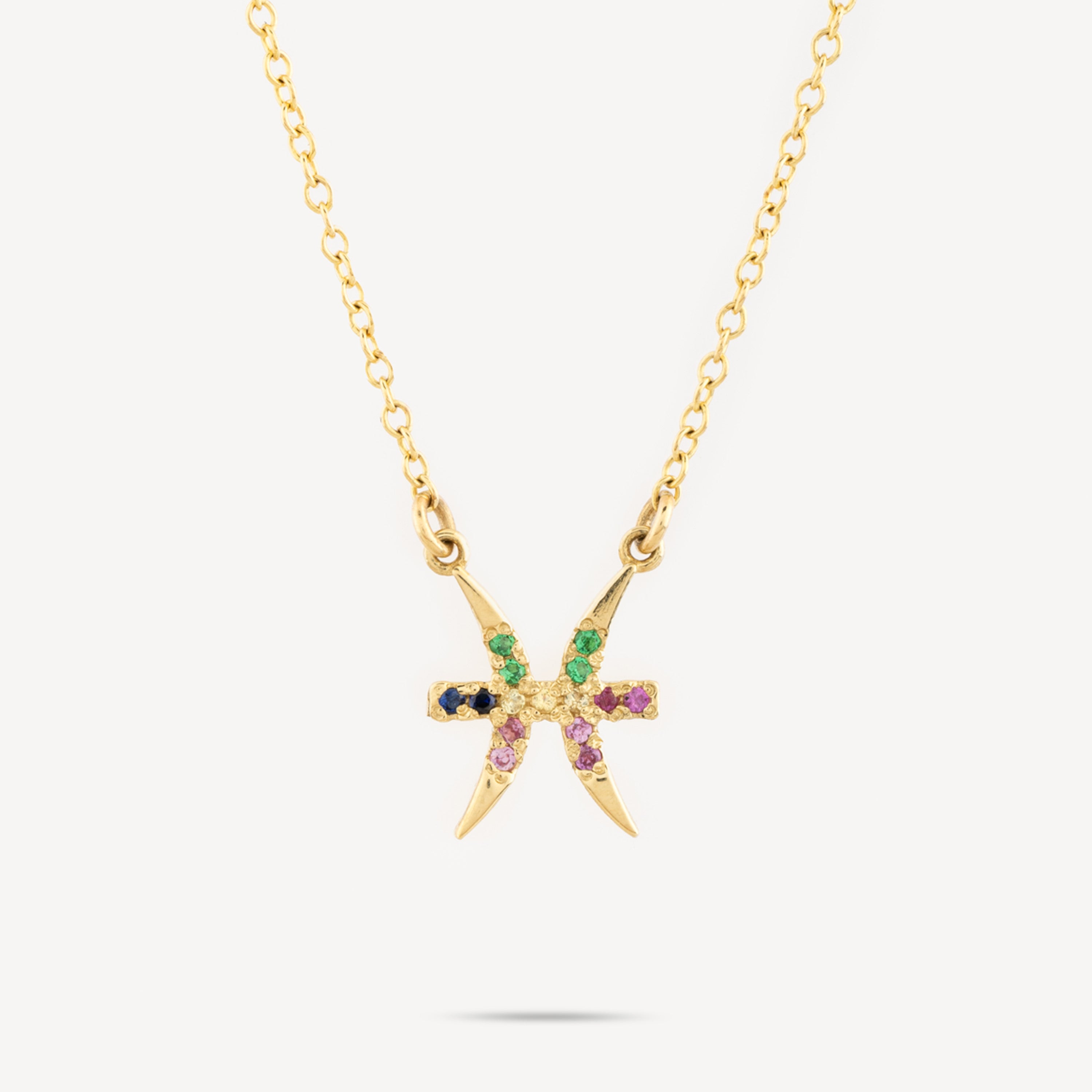 Sternzeichen-Fisch-Halskette mit bunten Saphiren