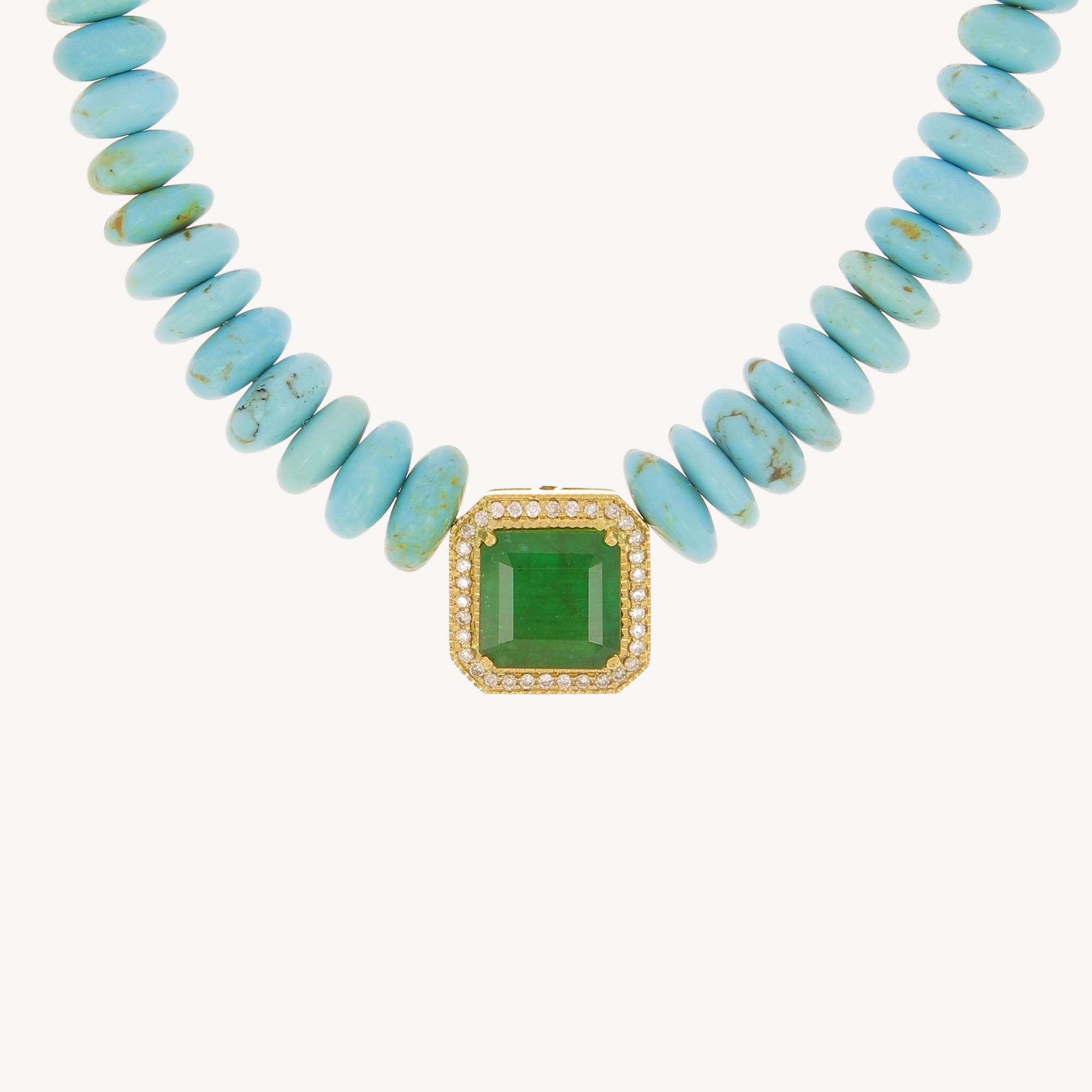 Collier turquoises et émeraude carrée baguette pavée diamants