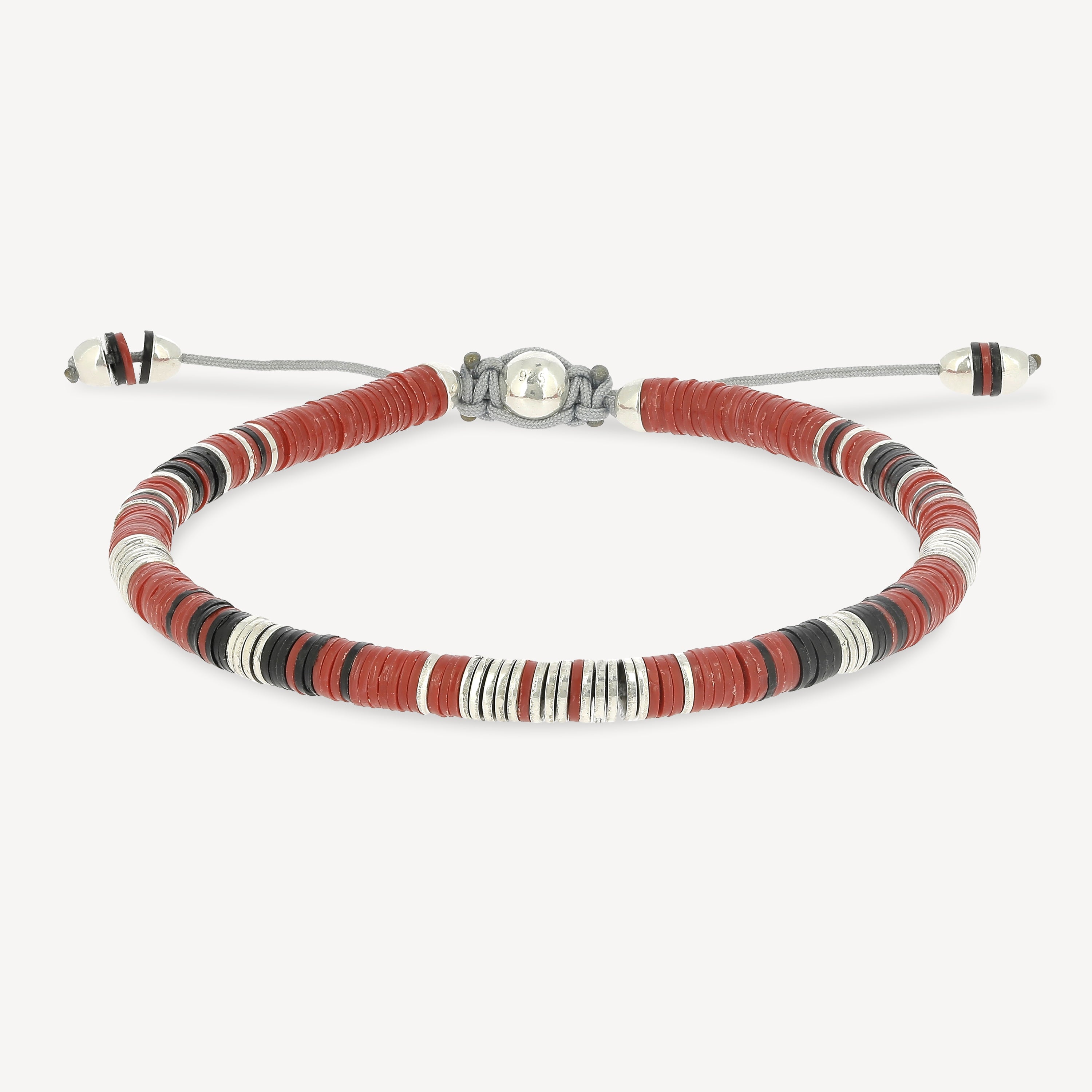 Rizon-Perlen mit rotem Muster und silbernen Scheiben