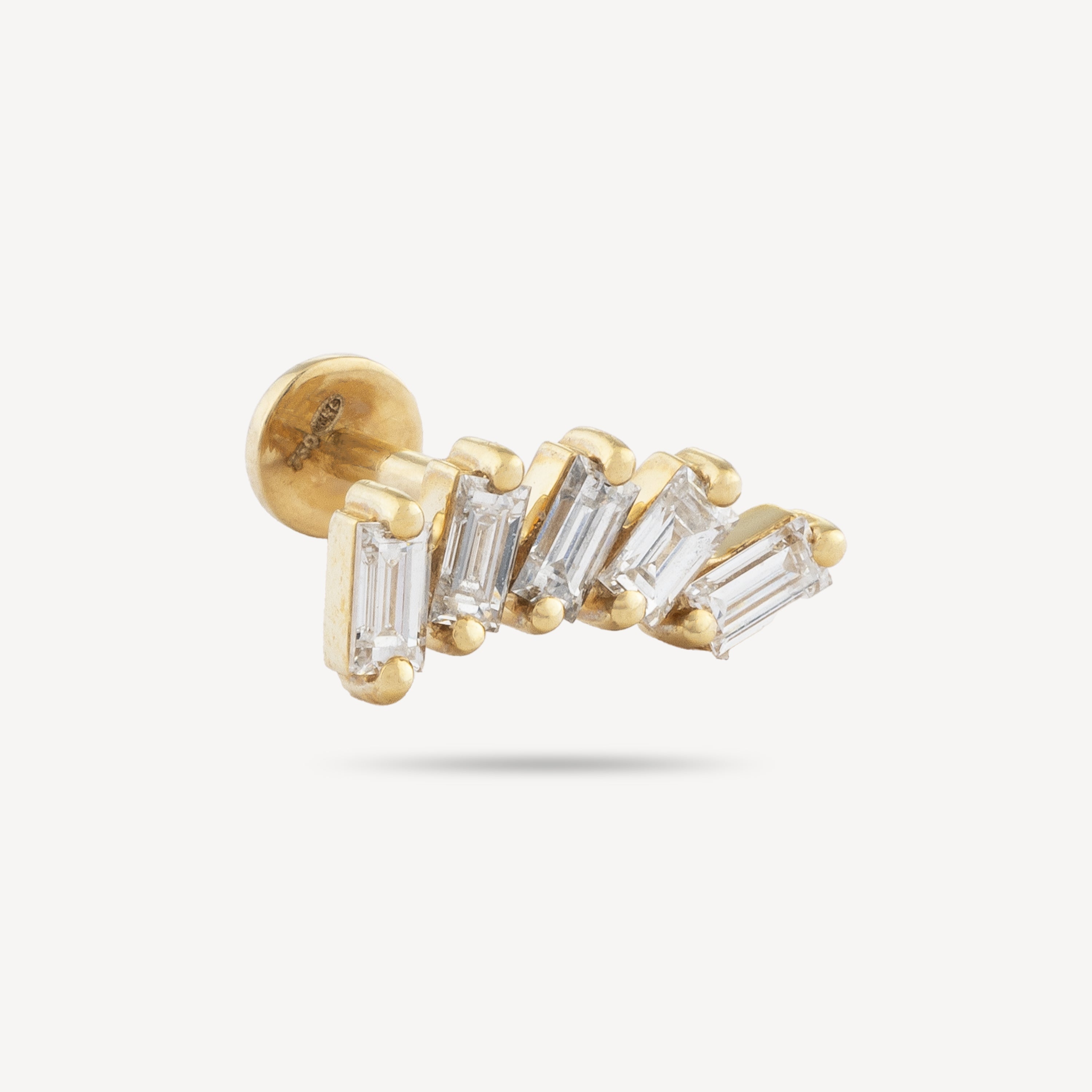 Yellow Gold Piercing Stud 5 Diamond Baguettes