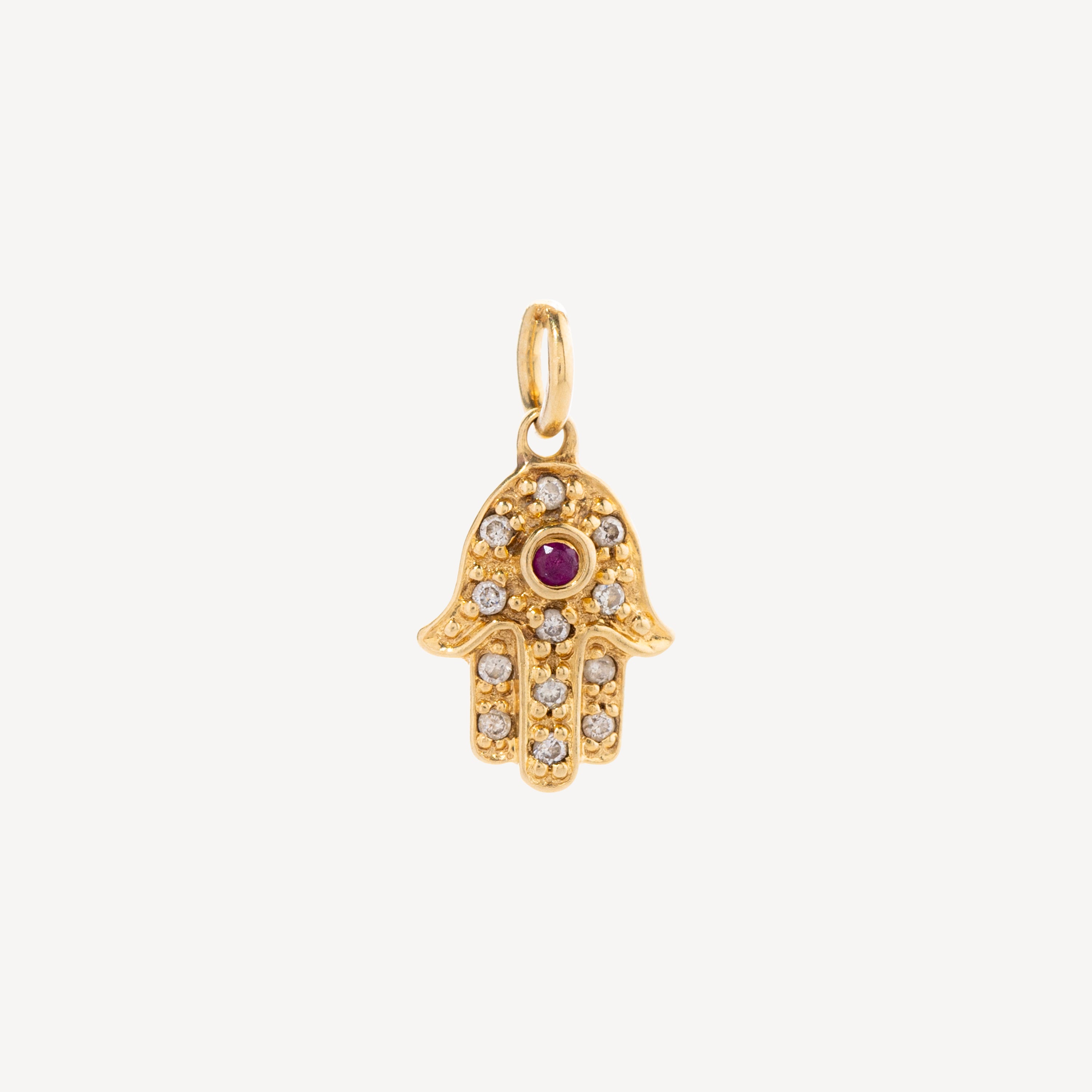 Hand Pendant Yellow Gold Paved Diamond and Ruby