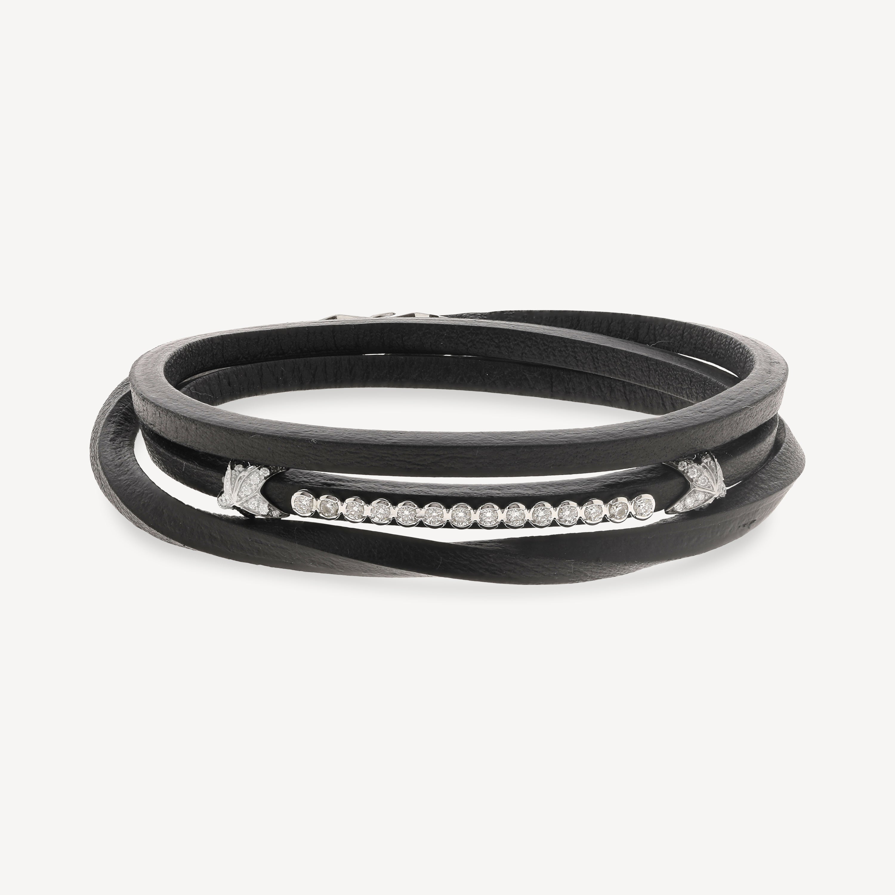 White Gold Bracelet 2 Stars Black Leather