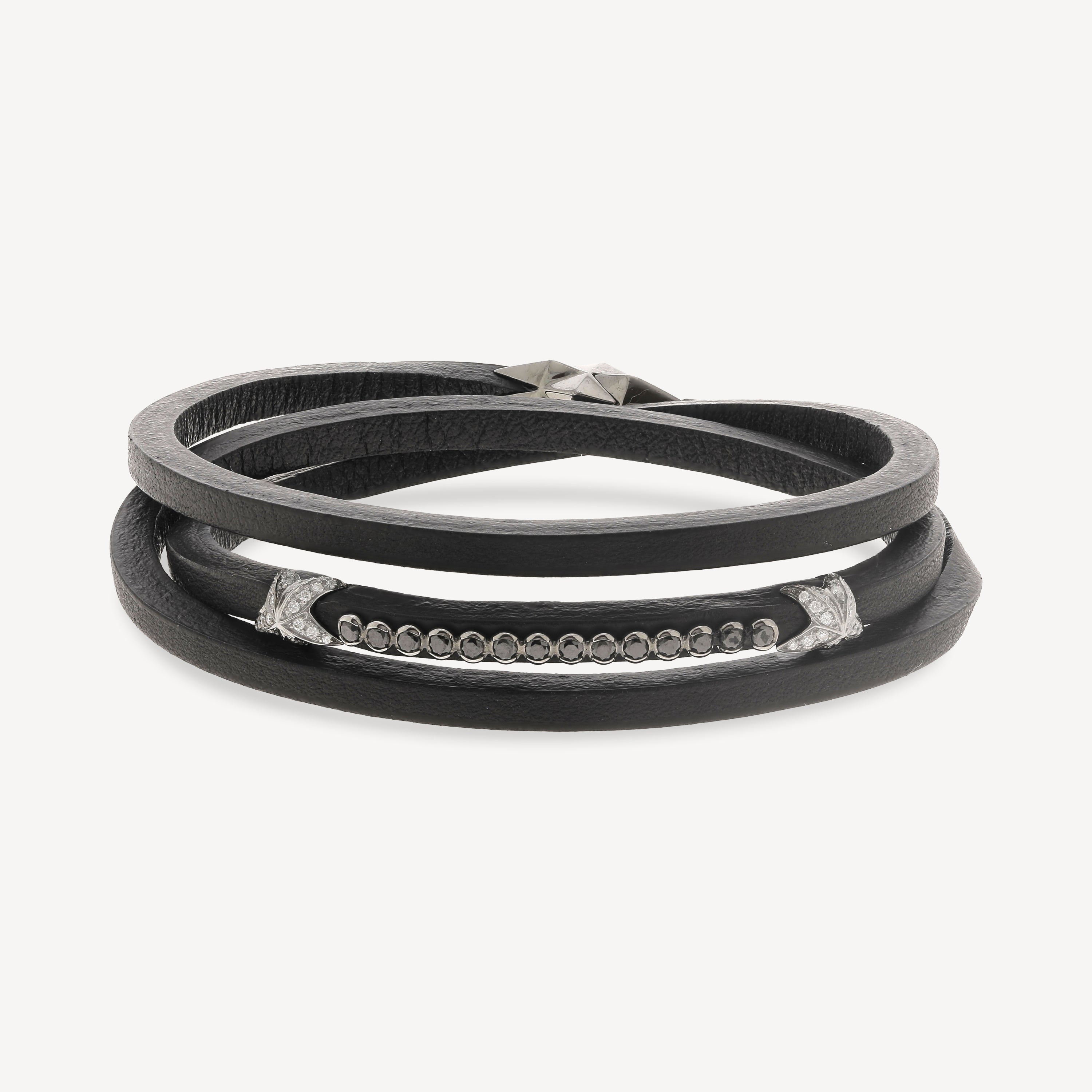 Bracelet Or Noir 2 Stars Cuir Noir