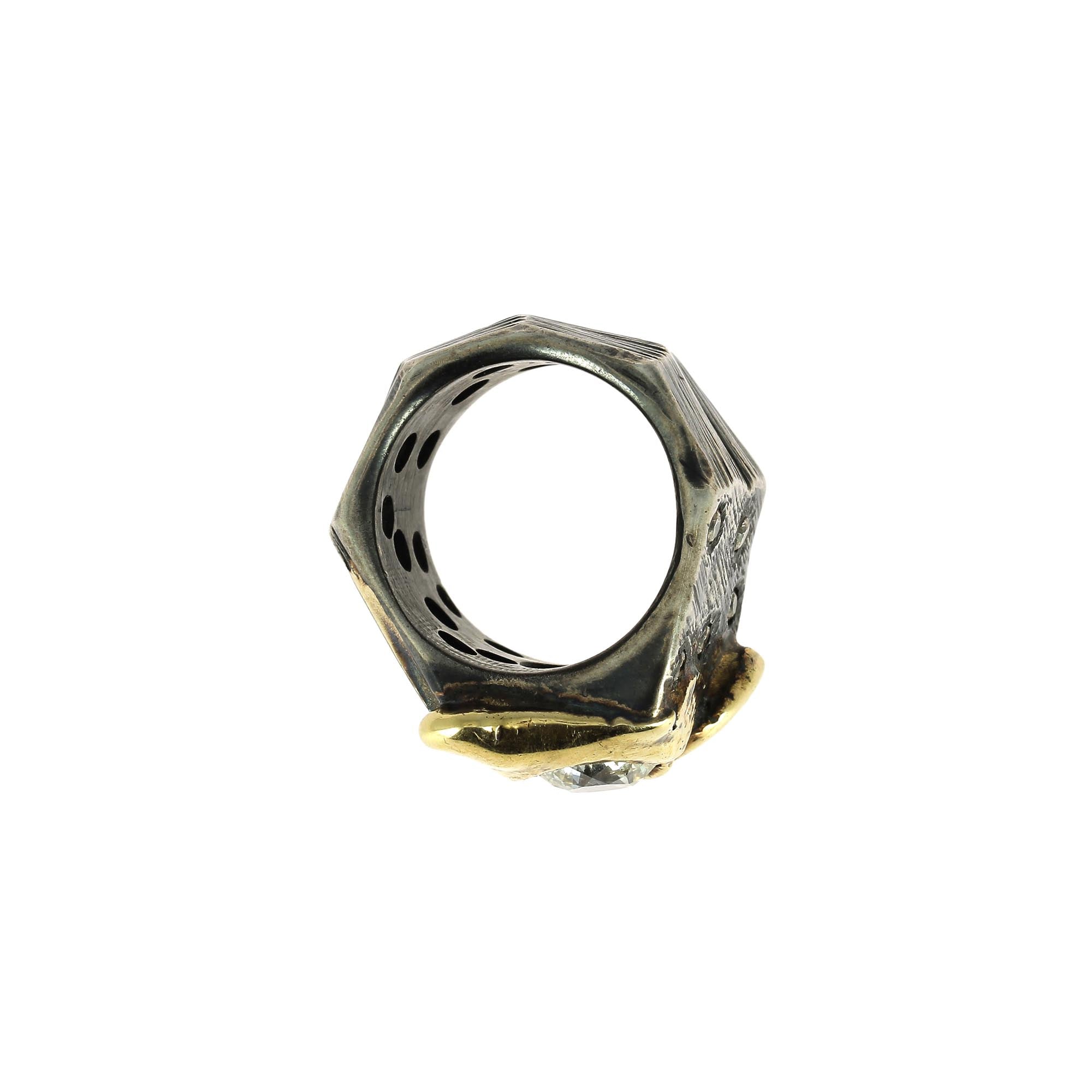 Zentraler Ring aus Silber und Gold mit weißen Diamanten