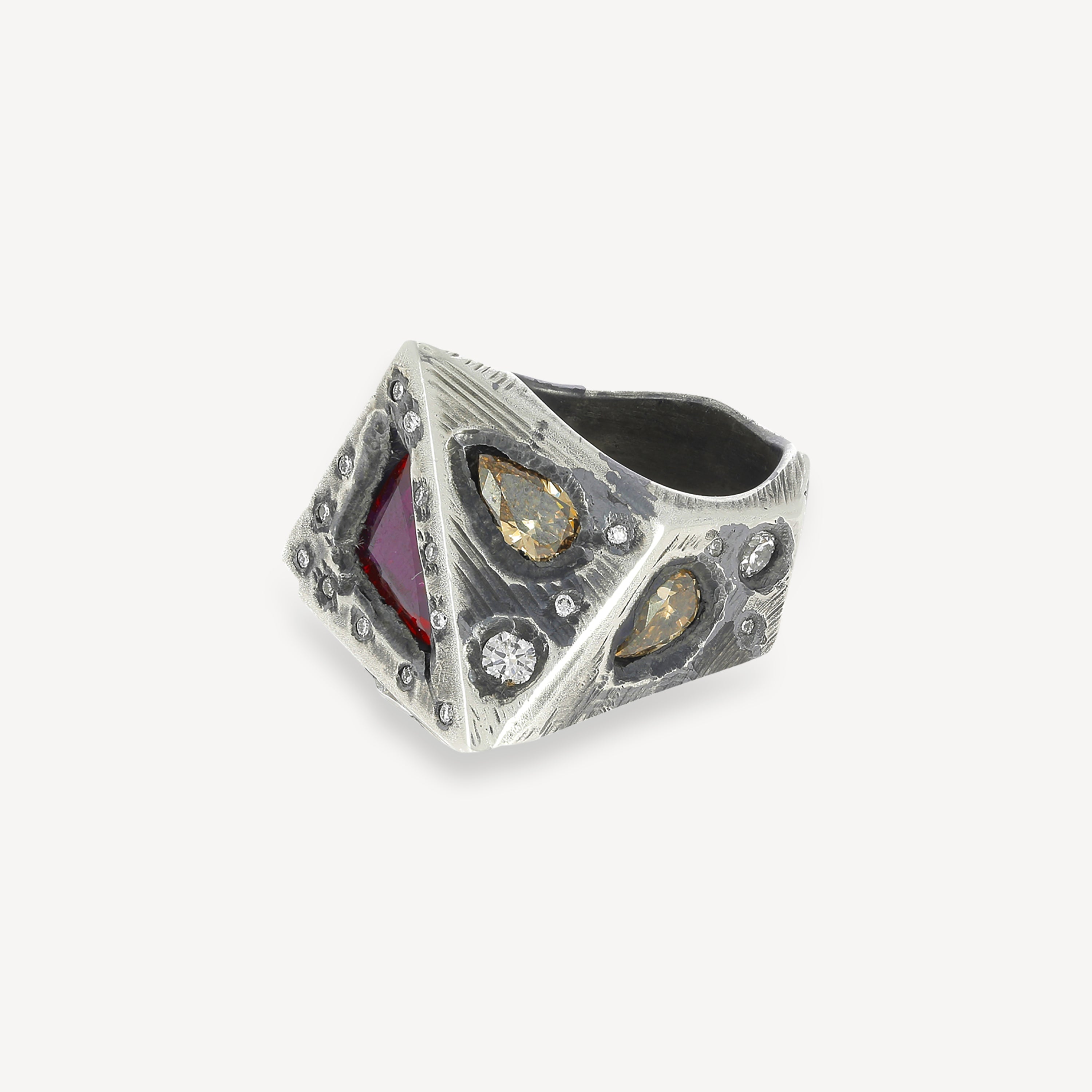 Geometric Ruby Ring with Brown and White Diamonds