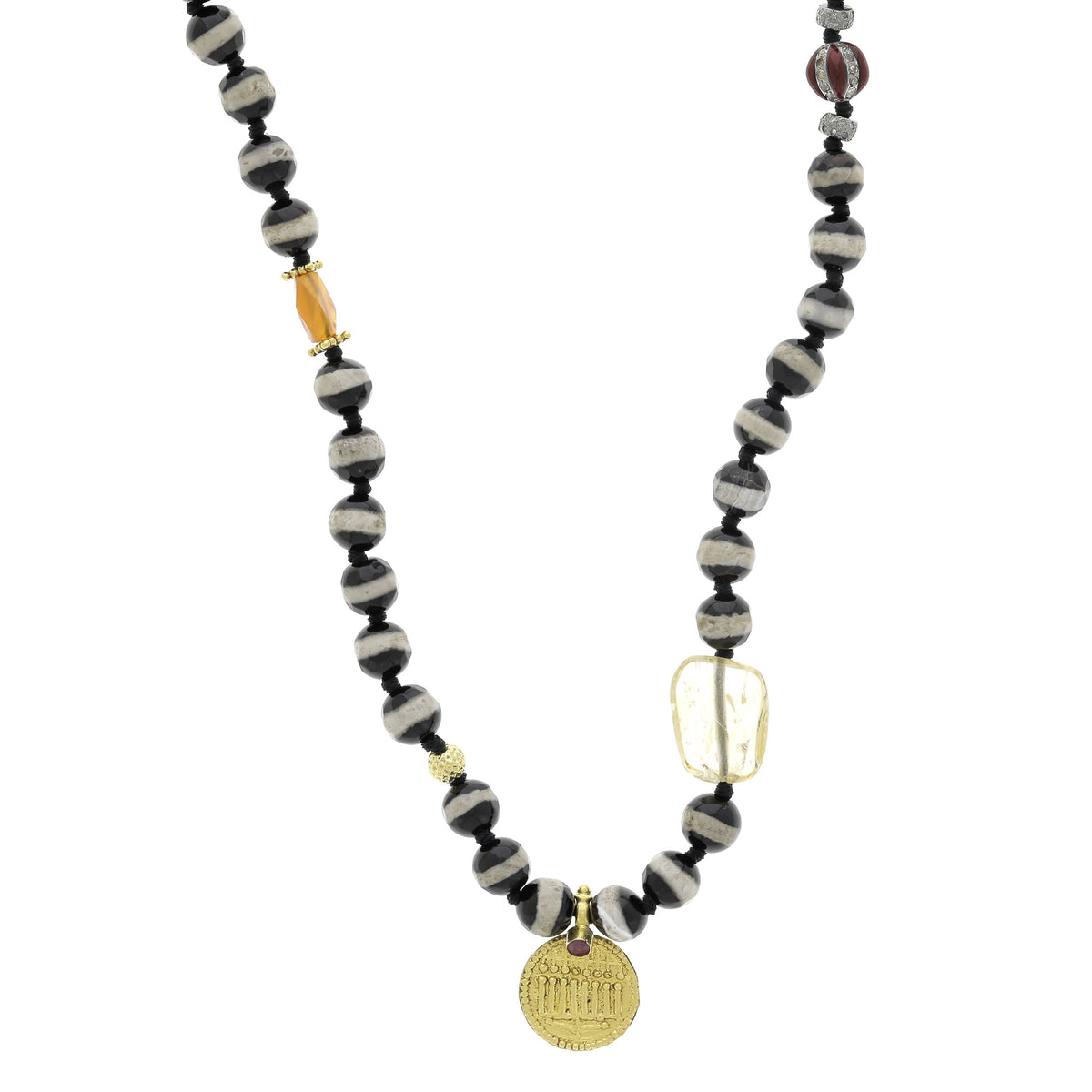 Black Agate Stripe Beaded Necklace Round Medal
