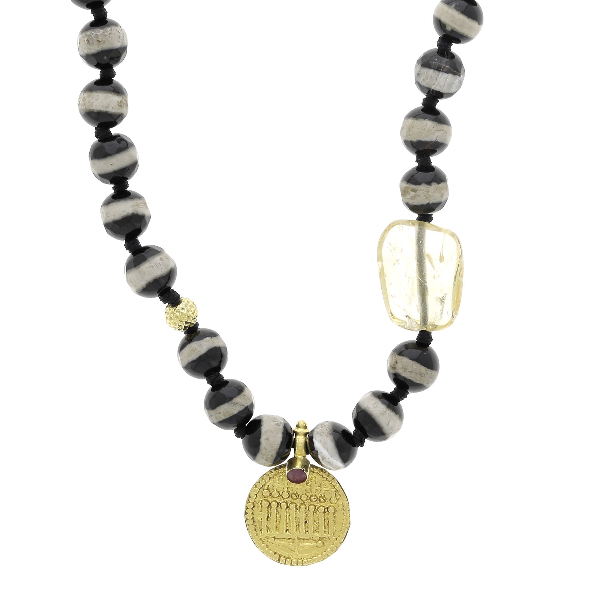 Black Agate Stripe Beaded Round Medal Necklace 