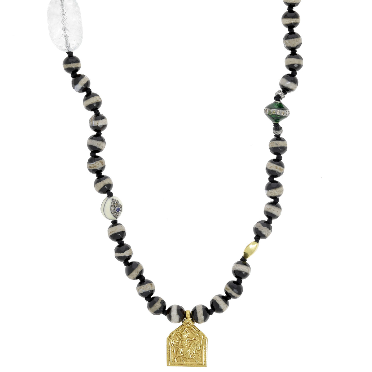 Black Agate Stripe Beaded Necklace Square Medal