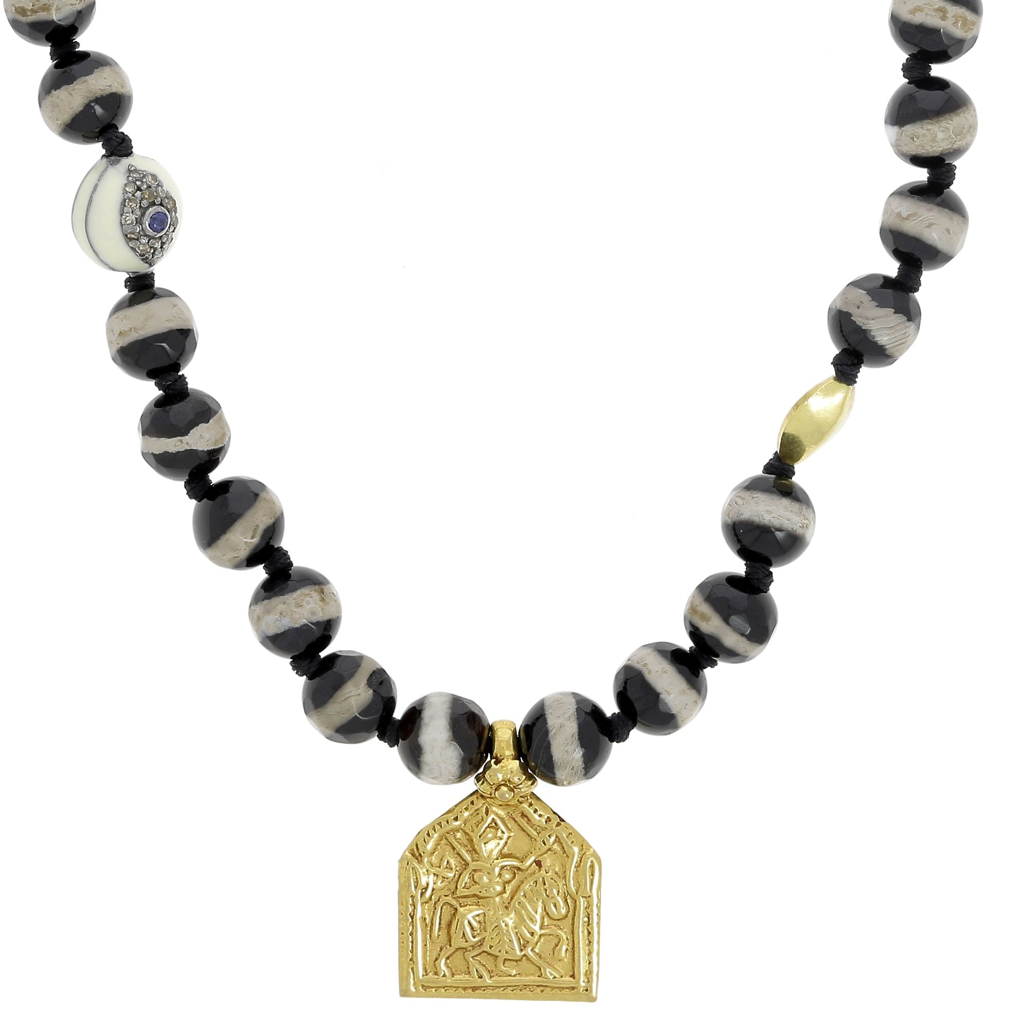 Black Agate Stripe Beaded Square Medal Necklace