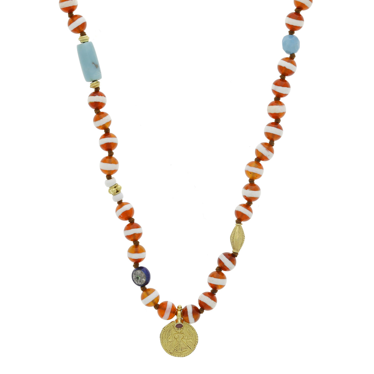 Brown Agate Stripe Beaded Necklace Round Medal