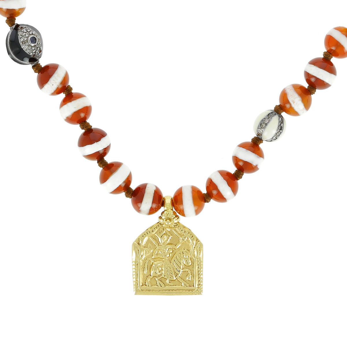 Brown Agate Stripe Beaded Necklace Square Medal