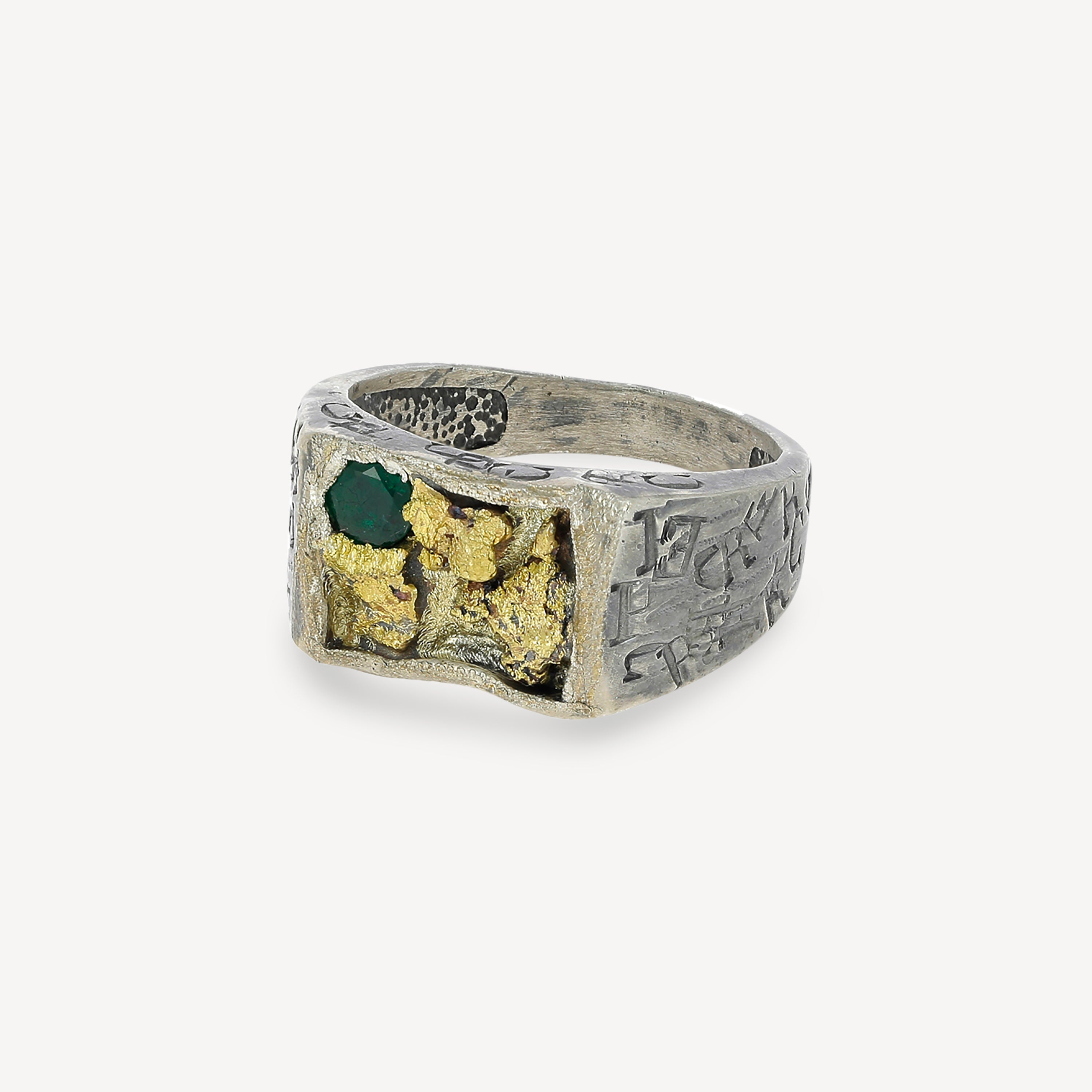 Gold and Emerald Nuggets Signet Ring