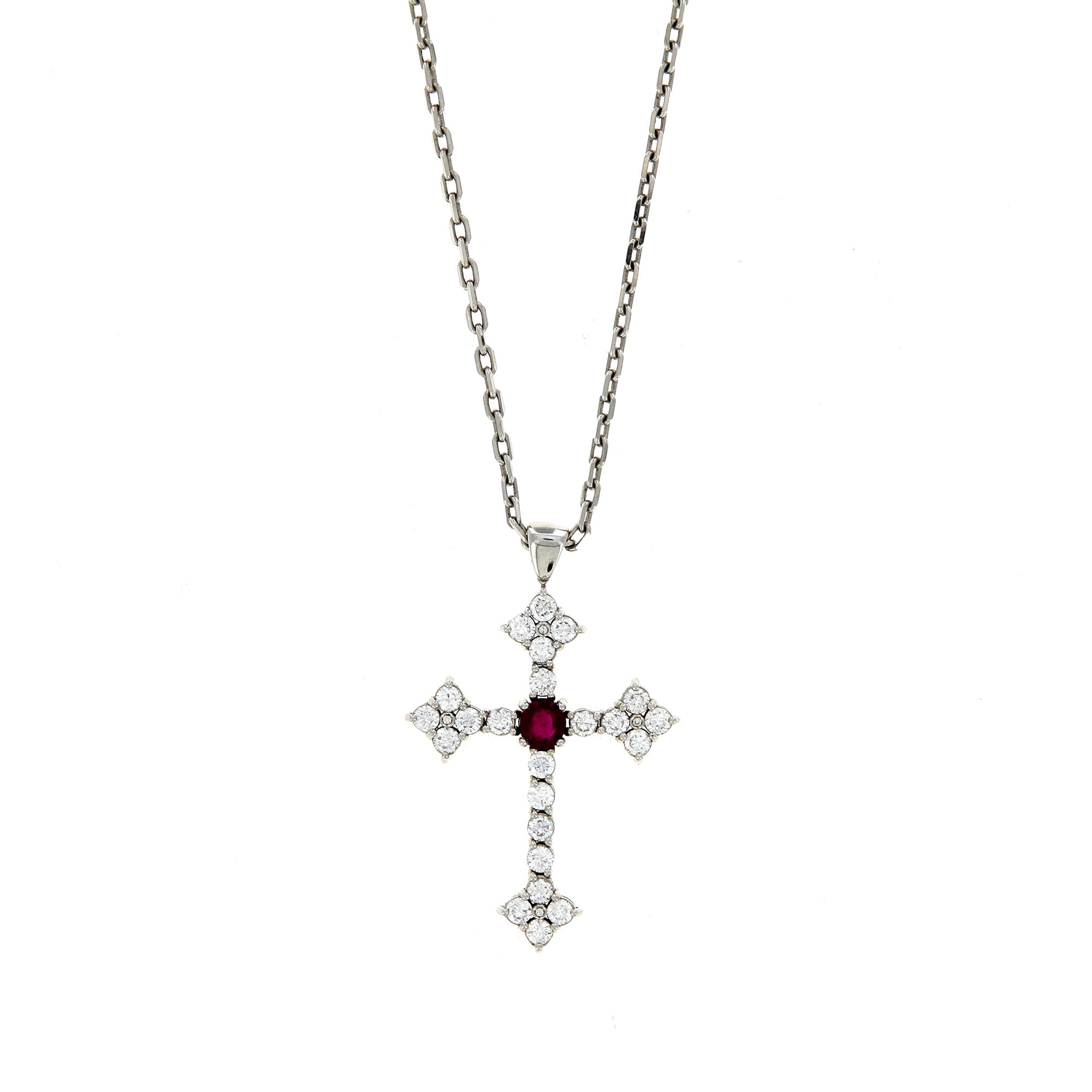White Gold and Ruby Cross Necklace