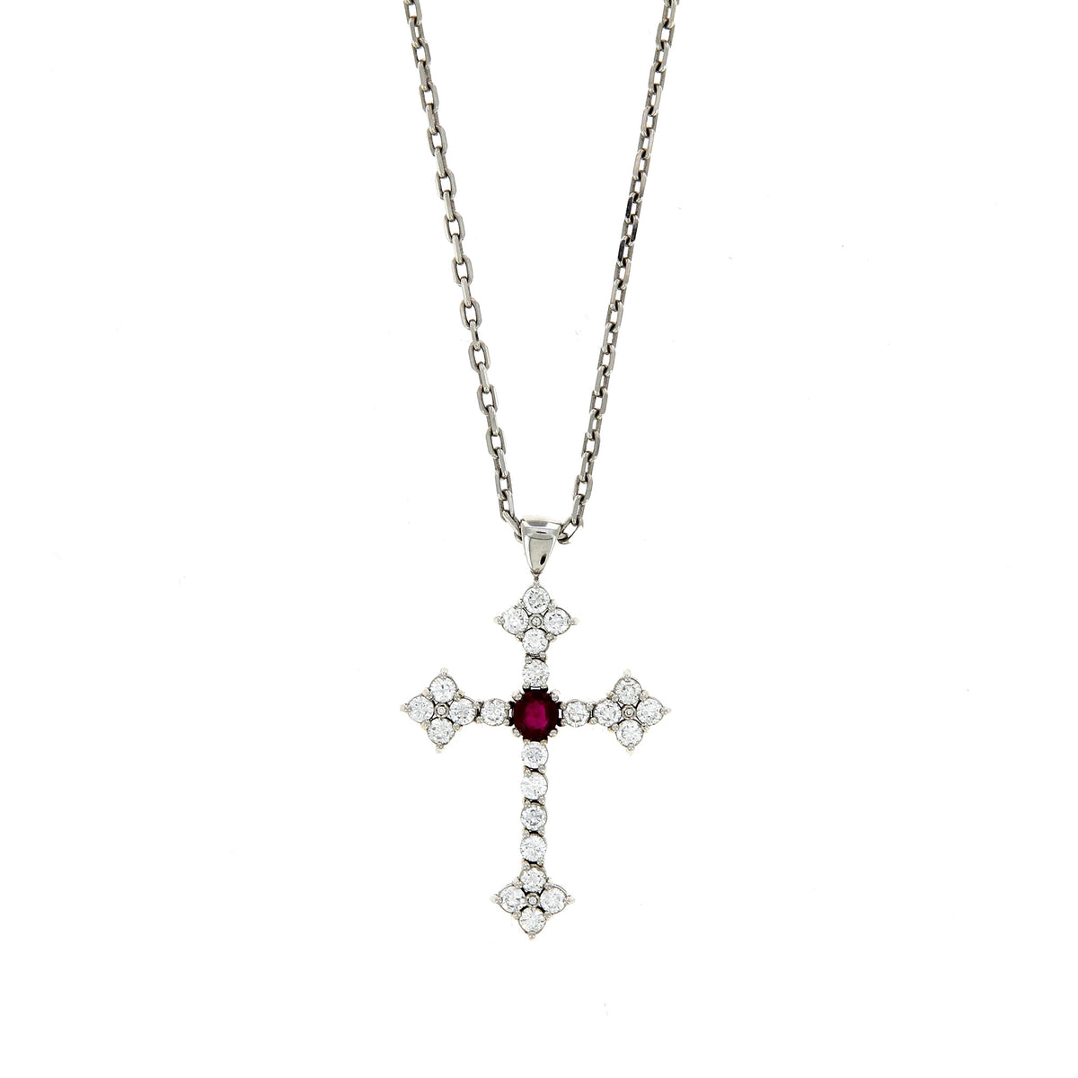 Collier Cross Or Blanc et Rubis