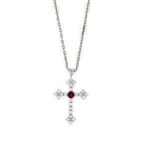 Collier Cross Or Blanc et Rubis