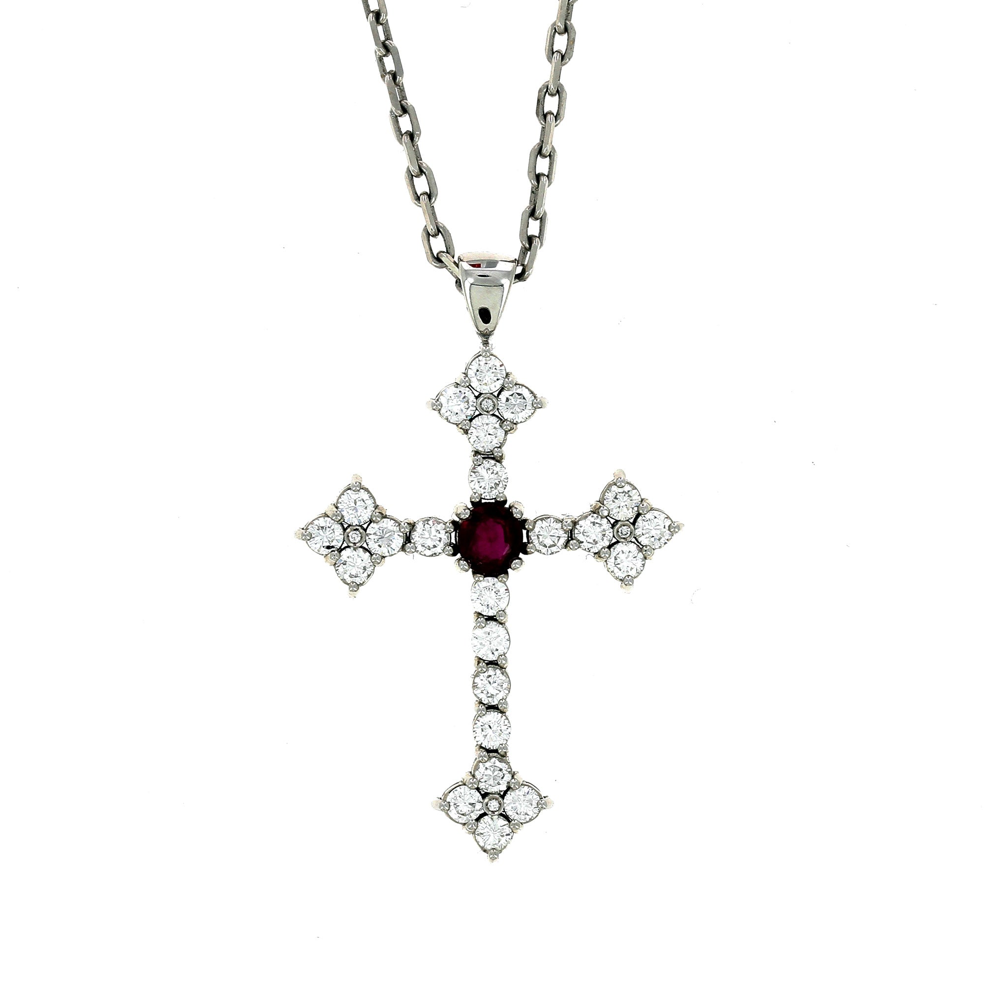 White Gold and Ruby Cross Necklace