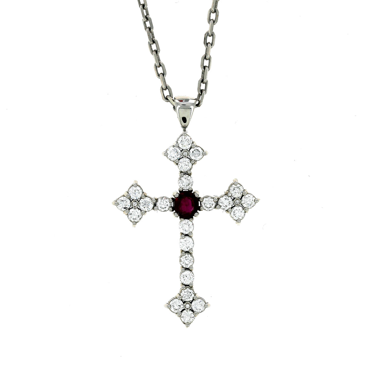 Collier Cross Or Blanc et Rubis