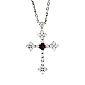 Collier Cross Or Blanc et Rubis