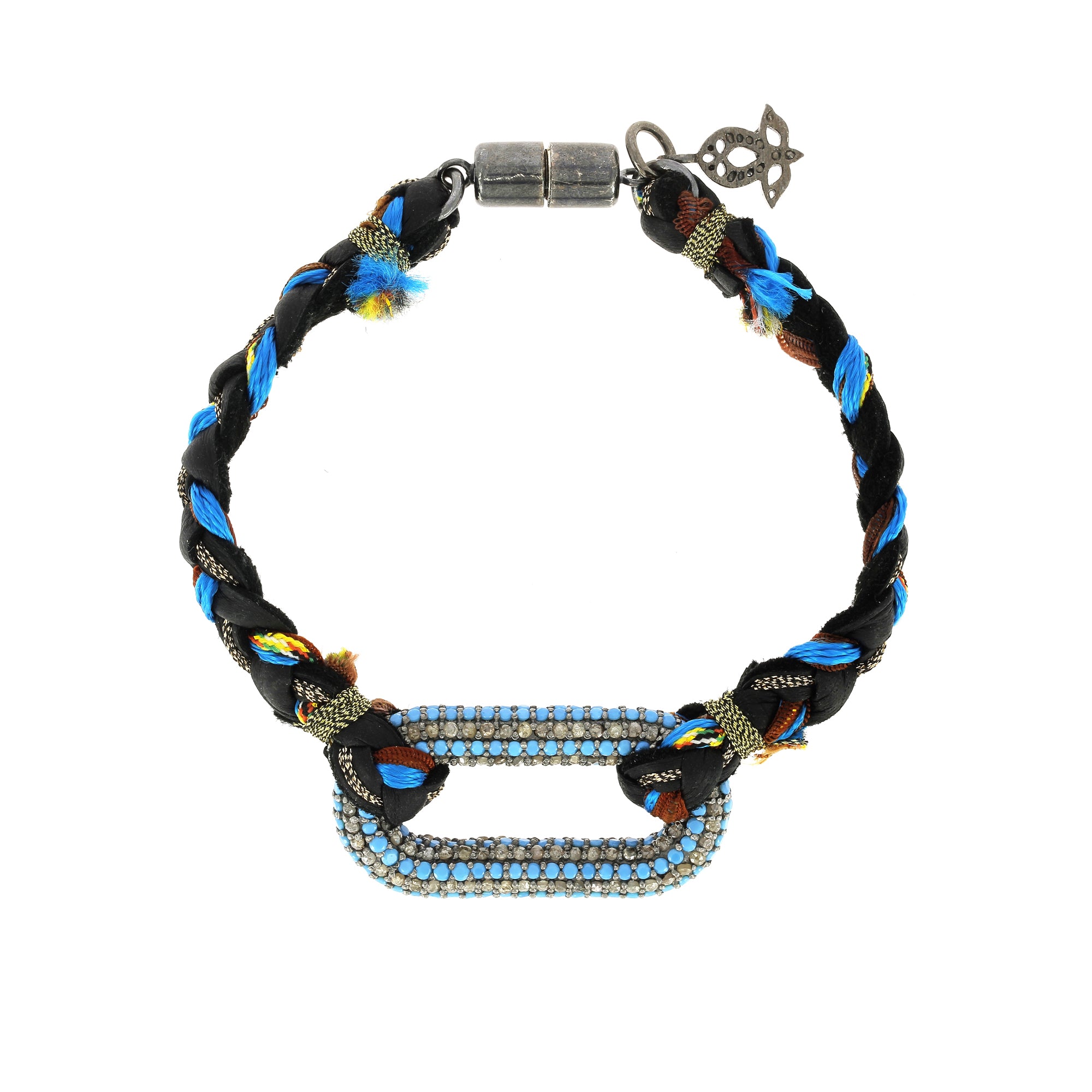 Bracelet Argent et Soie Diamant Turquoise